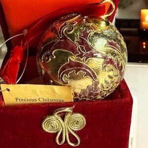 VTG Cloisonné Christmas Ball Ornament Gold Plate Red Enamel Velvet Ribbon Box